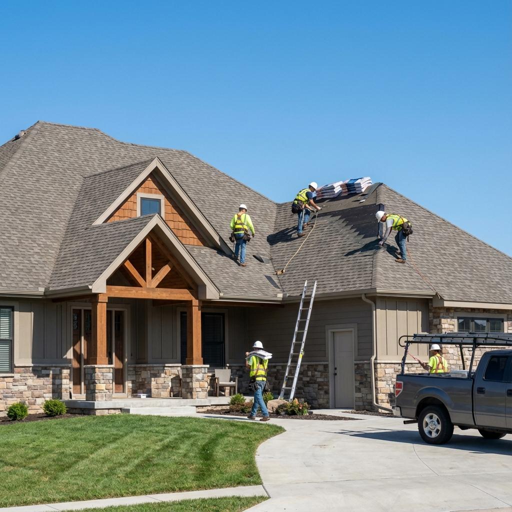 Expert roofing contractors installing new asphalt shingles on a suburban home - Gladiator Exteriors